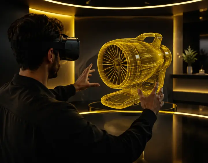 Designer mit VR-Headset bei der Erkundung eines 3D-Modells