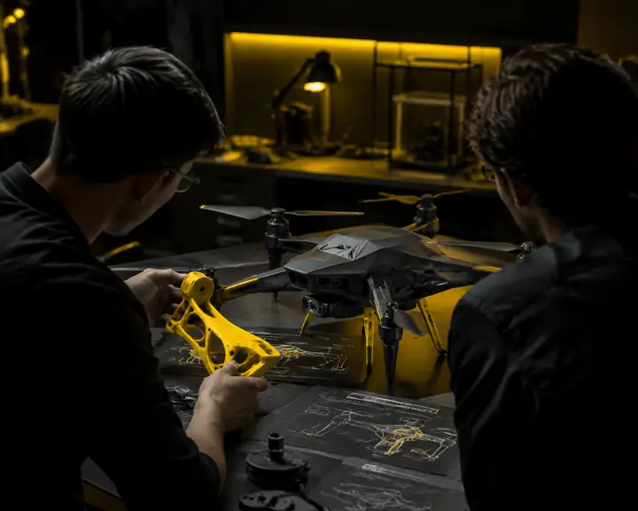 Industriedesigner bei der Begutachtung eines Drohnenprototyps und eines 3D-gedruckten Teils