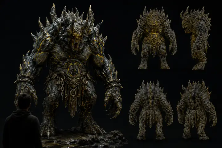 3D-Monstermodell mit detaillierten und sauberen Topologieansichten
