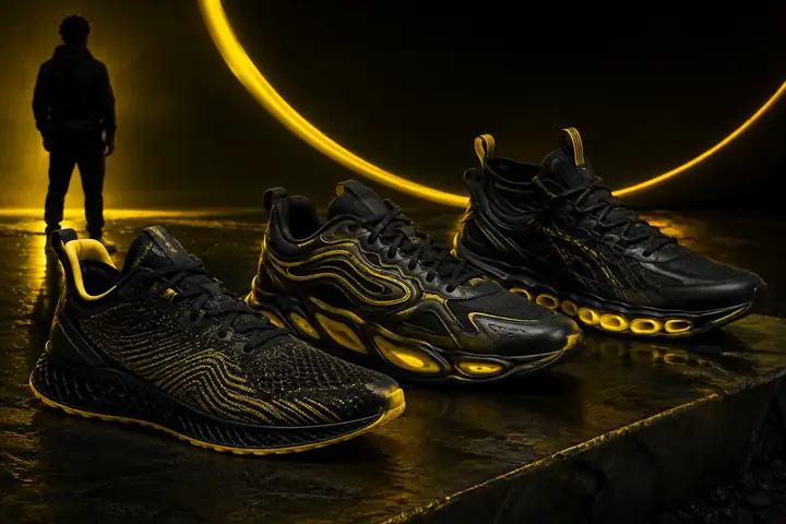 Drei sportliche Sneaker als gerenderte 3D-Produktmodelle