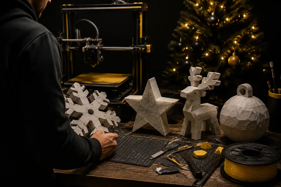 An early festive 3D decoration concept with broad shapes and limited refinement.